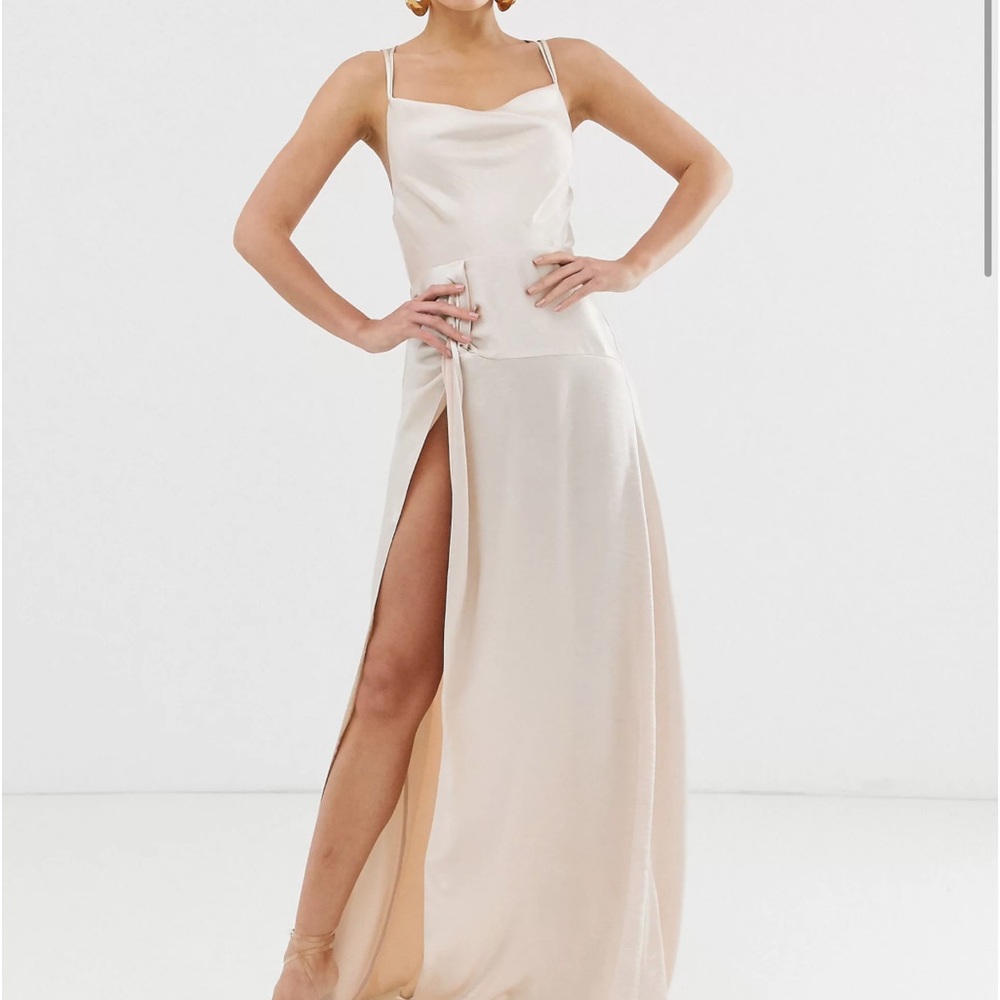 ASOS Satin Cream Maxi Dress with High Side Slit